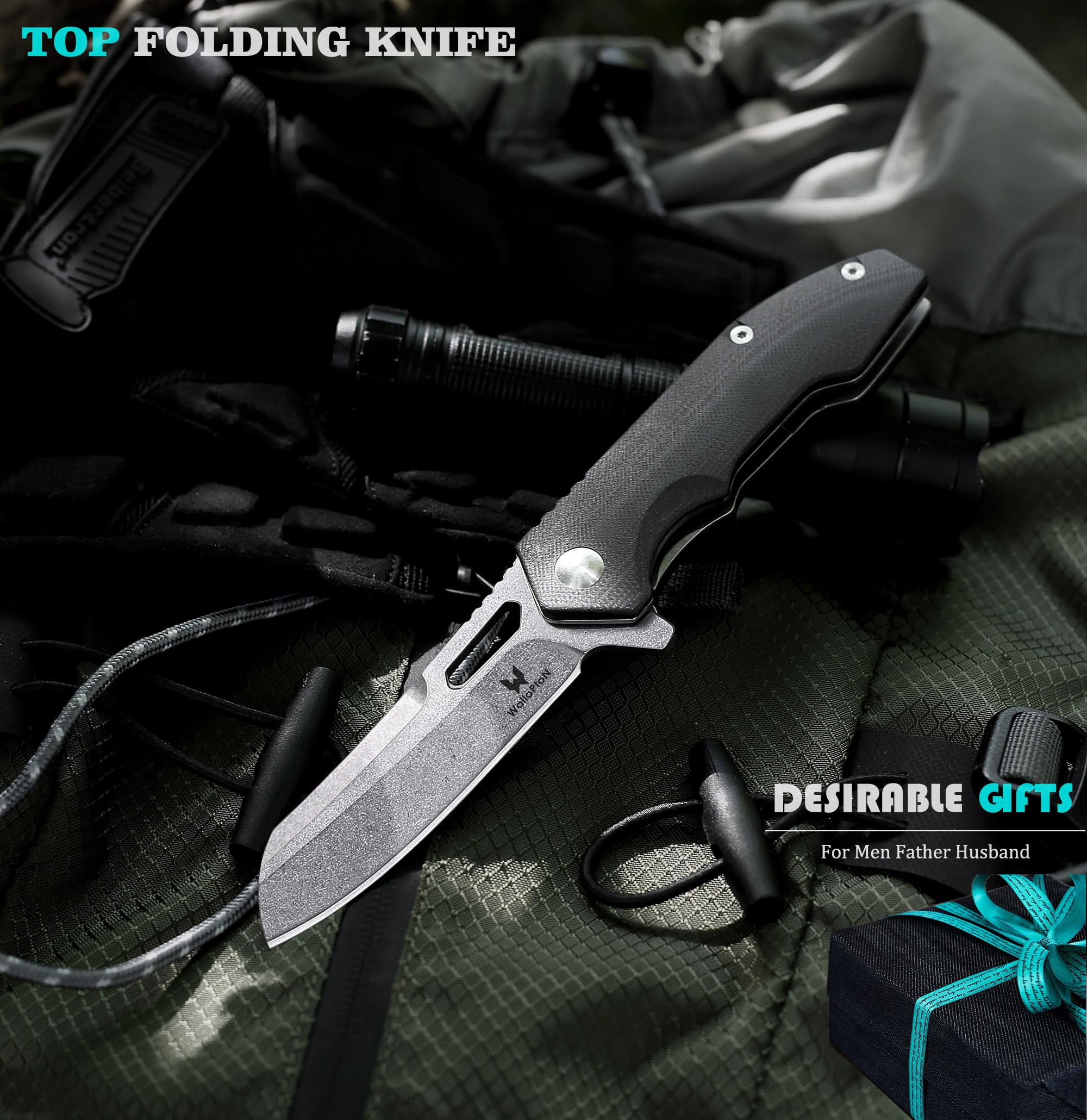 WALLOPTON Camping Folding Knife - S35VN Powder Steel G10 Handle Comfortable Grip - Great for Cutting Hunting Hiking Survival, Father’s Day Gifts for Men Husband Dad. Include Sheath & Screwdriver