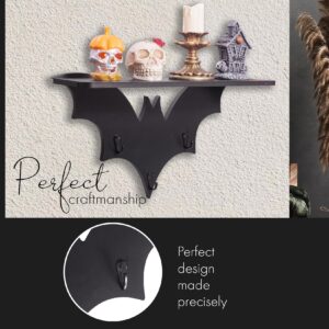 SEREIINO Spooky Bat Floating Shelf - Gothic Wall Coffin Shelf for Bedroom - Halloween Batman Wall Decor for Oddities and Curiosities - Black Crystal Shelves with 3 Key Hooks - Witchy Gifts for Women