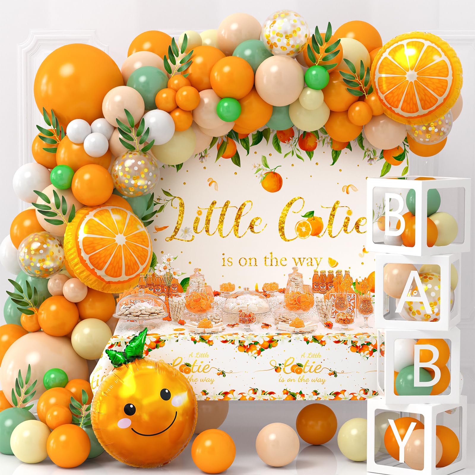 Winrayk Little Cutie Baby Shower Decorations Boy Girl, Baby Boxes with Letters Orange Balloon Arch A Little Cutie is On The Way Backdrop Tablecloth Foil Balloon Gender Reveal Baby Shower Decor Neutral