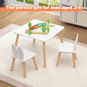 HONEY JOY Kids Table and Chair Set, Children Wooden Activity Table & 2 Chairs Set, Solid Wood Legs, Easy Assembly, 3 Piece Rabbit Themed Toddler Furniture Set for Art Craft (White)