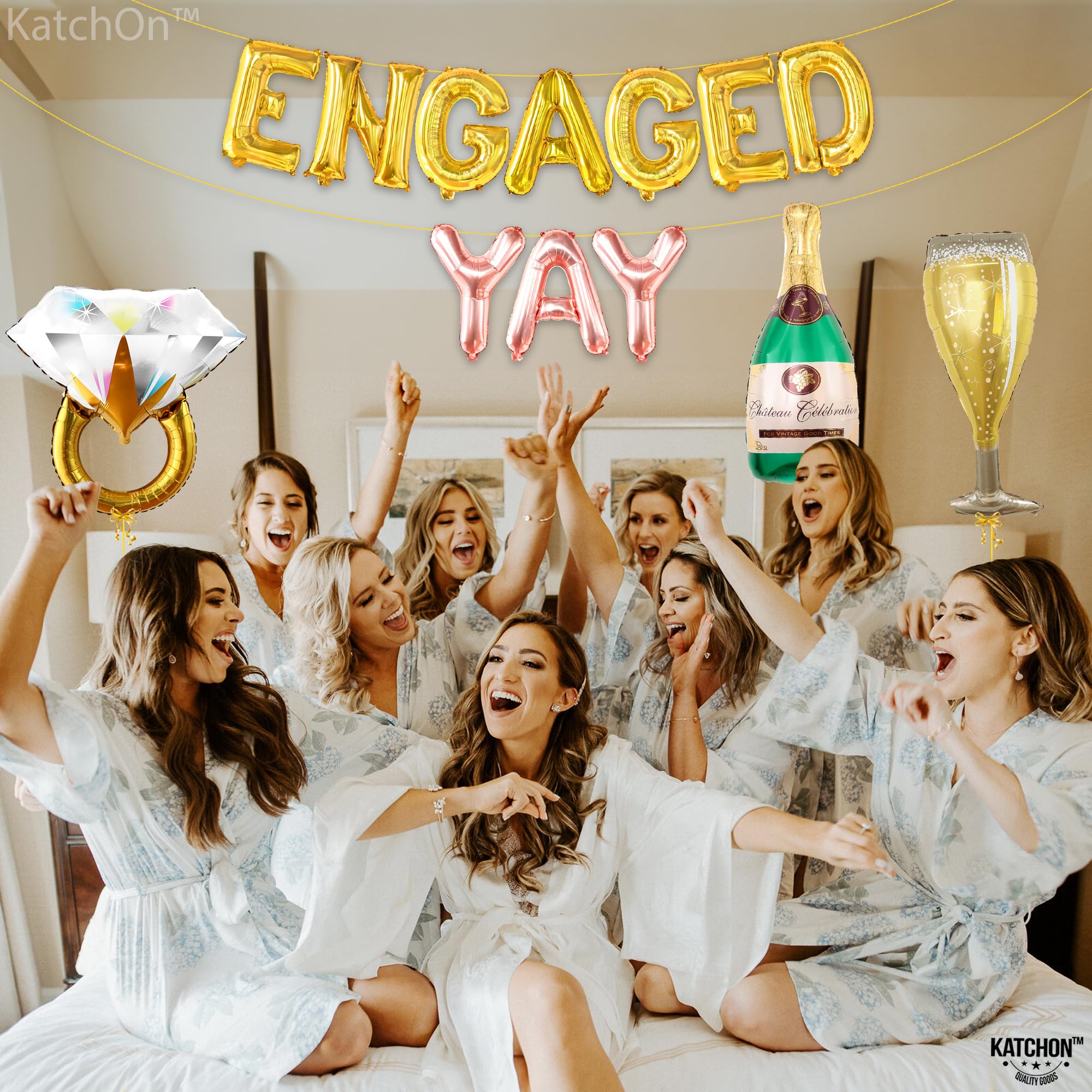 KatchOn, Yay Engaged Balloons Set - 37 Inch, Pack of 13 | Engagement Balloons, Engagement Party Decorations | Champagne Balloon, Engagement Decorations | Ring Balloons, Bachelorette Party Decorations