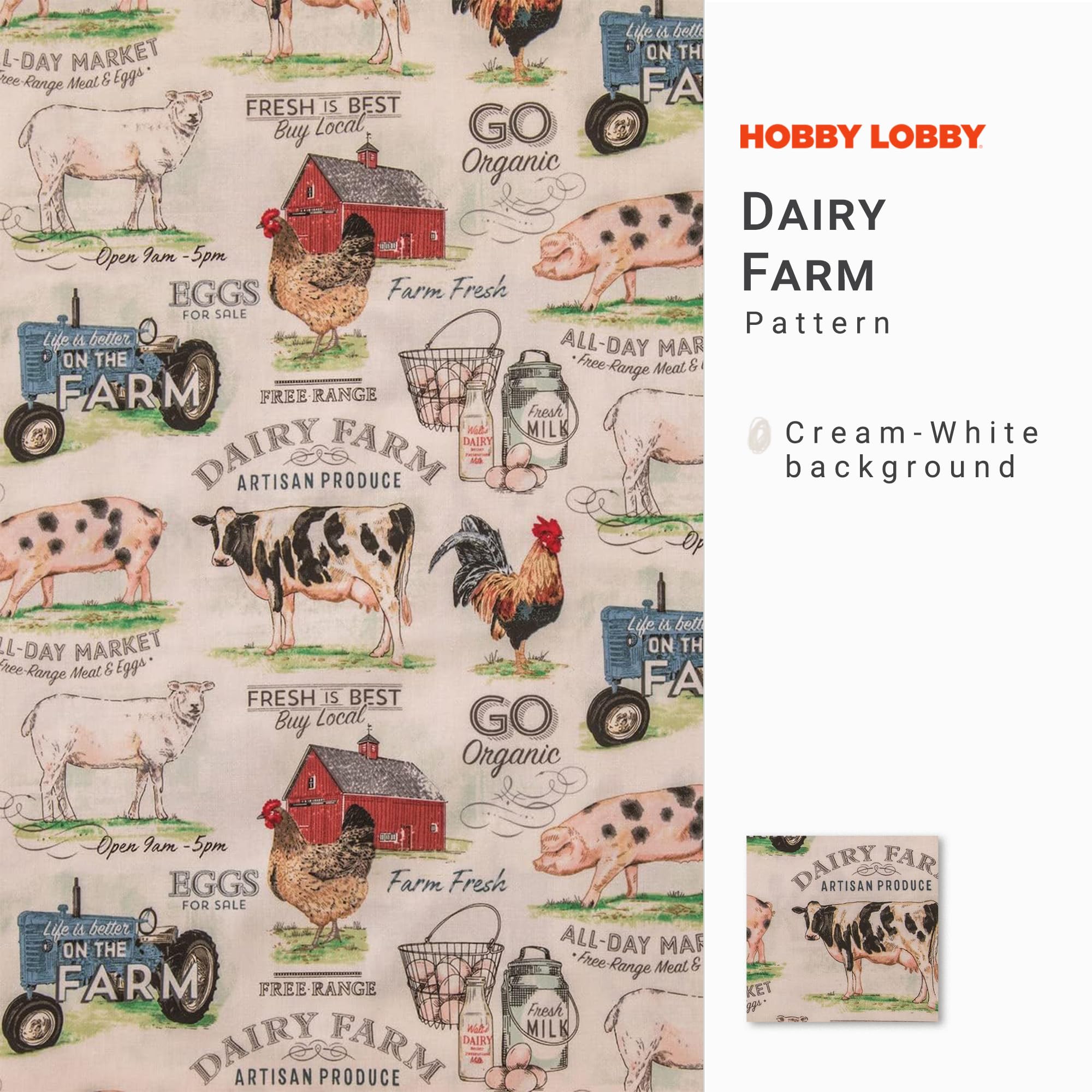 Hobby Lobby Dairy Farm Cotton Calico Fabric (2 Yard) – Printed Sewing Fabric by The Yard – Lightweight Precut Fabric for Sewing Clothes, Homeware, & Other Accessories – DIY Craft Fabric