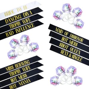 katchon, bachelorette sashes and led rings - pack of 24, bachelorette party accessories | bride and bridesmaid sash for bridal shower decorations | disco ball light up rings bachelorette party