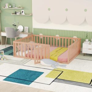 full size floor bed with safety fence and door and slats，wood montessori floor bed for kids，no box spring needed,for boys girls,(natural)