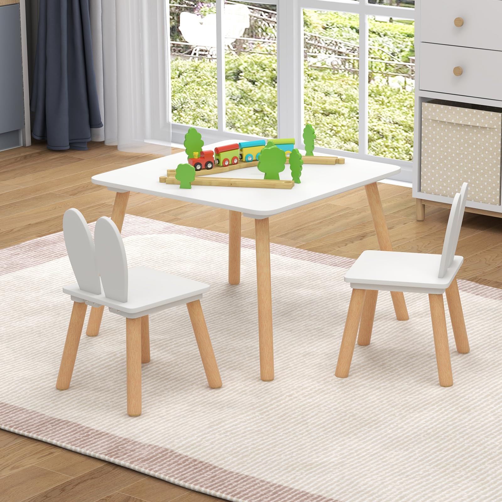 HONEY JOY Kids Table and Chair Set, Children Wooden Activity Table & 2 Chairs Set, Solid Wood Legs, Easy Assembly, 3 Piece Rabbit Themed Toddler Furniture Set for Art Craft (White)