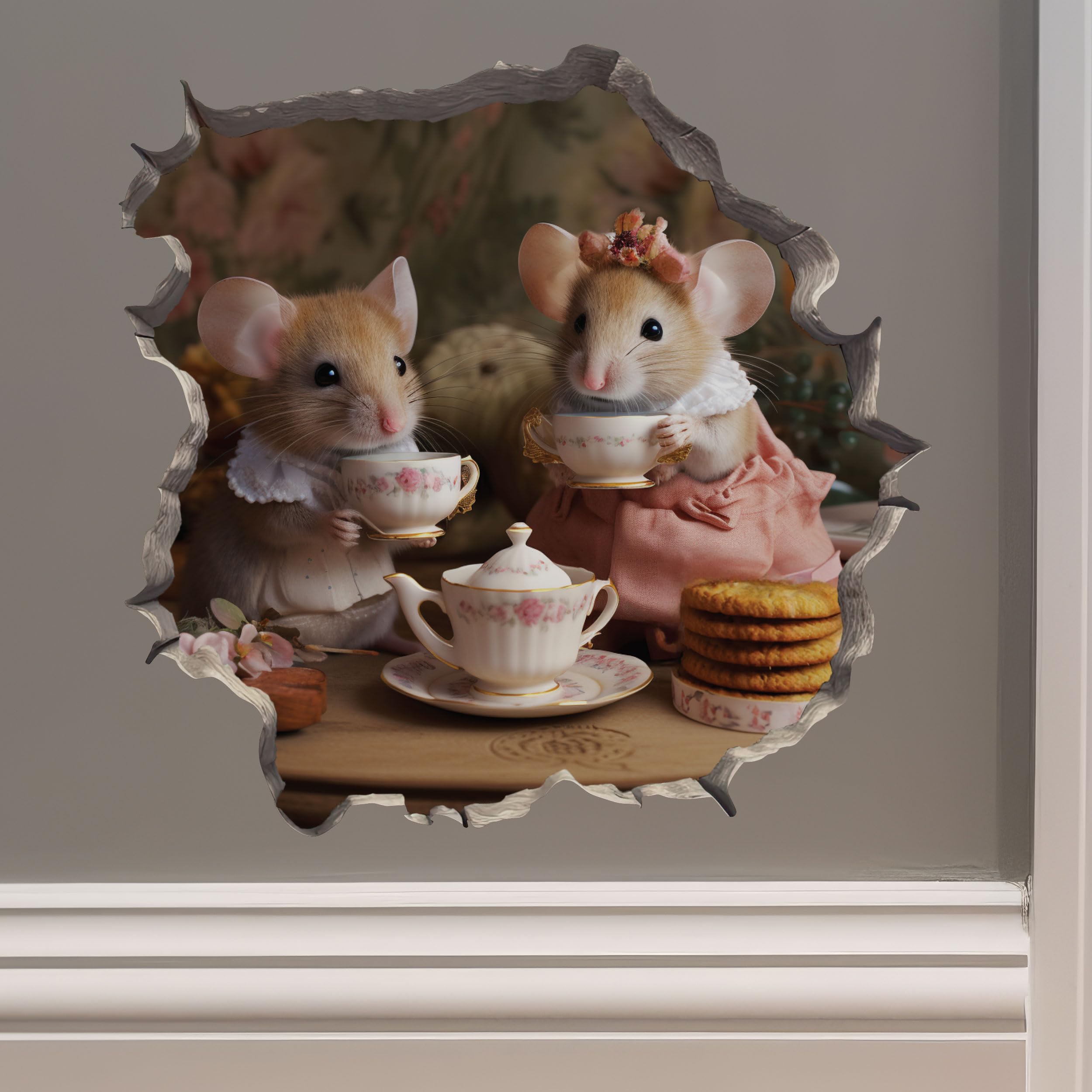 Tea Time Mice Mouse Hole Wall Decal with 3D Effect – Whimsical Removable Vinyl Sticker for Kids' Rooms & Home Decor