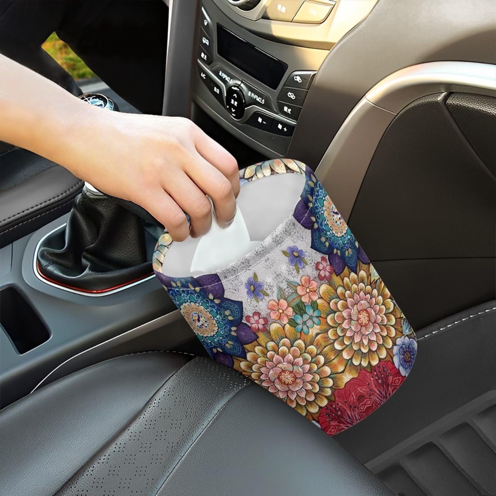 Panskyllis Boho Flowers Car Trash Can Waterproof Auto Vehicle Garbage Organizer Bag Hanging Car Waste Basket Holder for Front Seat Back, Seat, Floor, Headrest