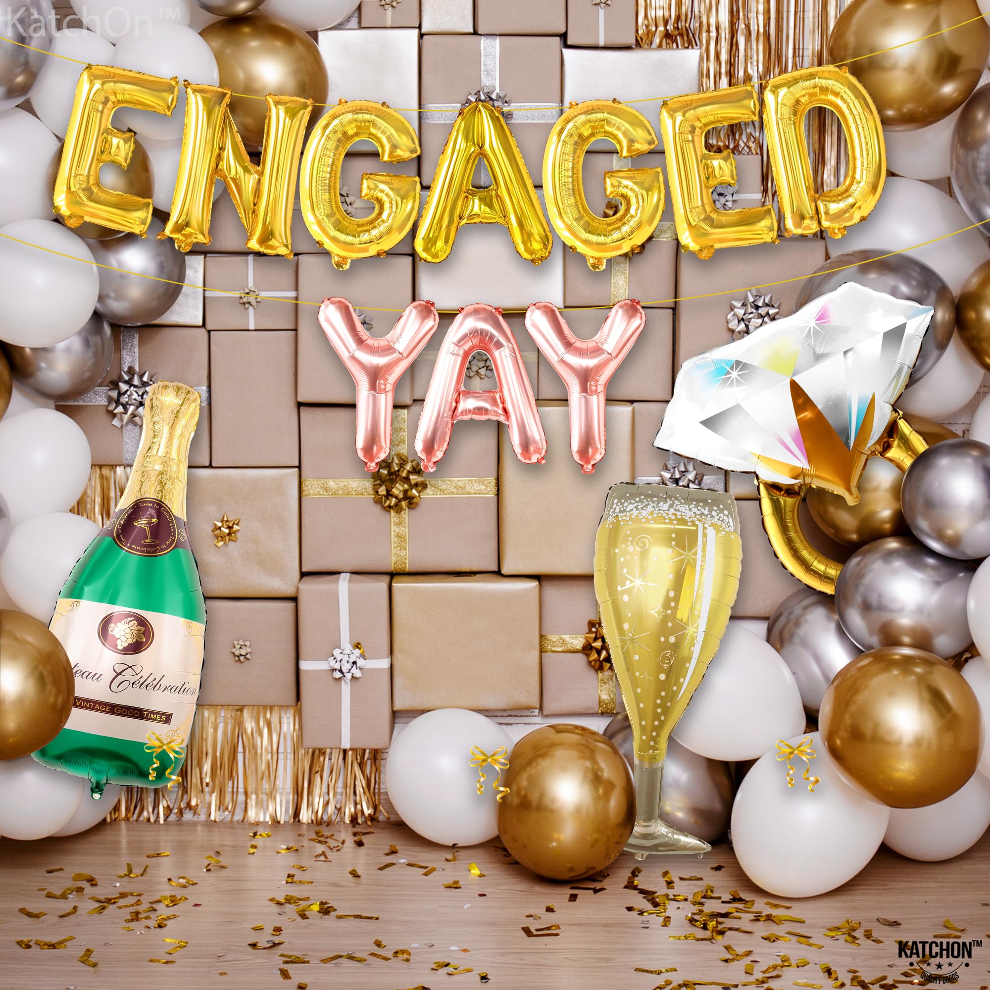 KatchOn, Yay Engaged Balloons Set - 37 Inch, Pack of 13 | Engagement Balloons, Engagement Party Decorations | Champagne Balloon, Engagement Decorations | Ring Balloons, Bachelorette Party Decorations