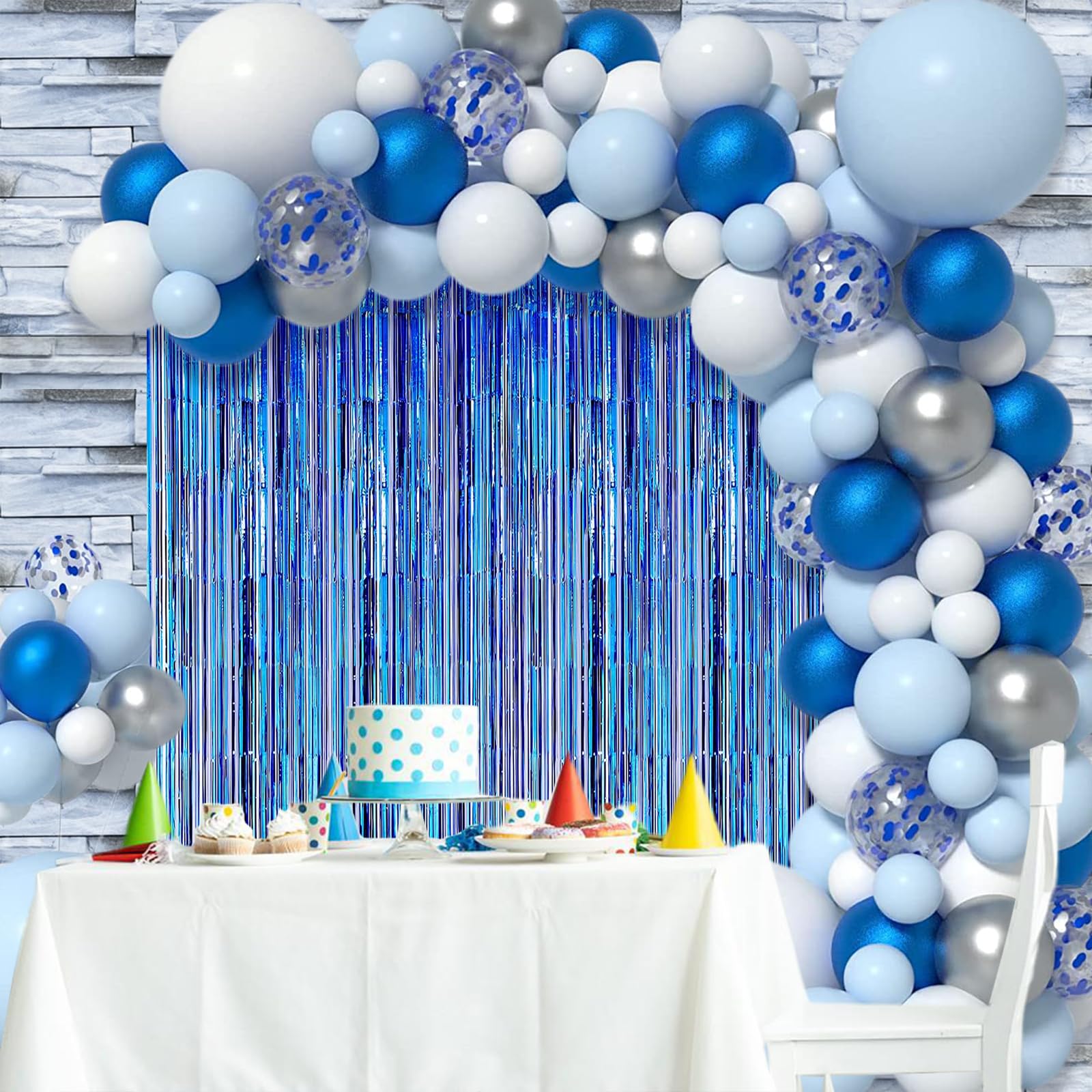 AIBIIN 2pcs 3.3ftx6.6ft Foil Curtain Backdrop Blue Metallic Tinsel Foil Fringe Curtains Little Prince Birthday Party Wedding Baby Shower Bachelorette Graduation 4th of july Decoration Photo Booth Prop