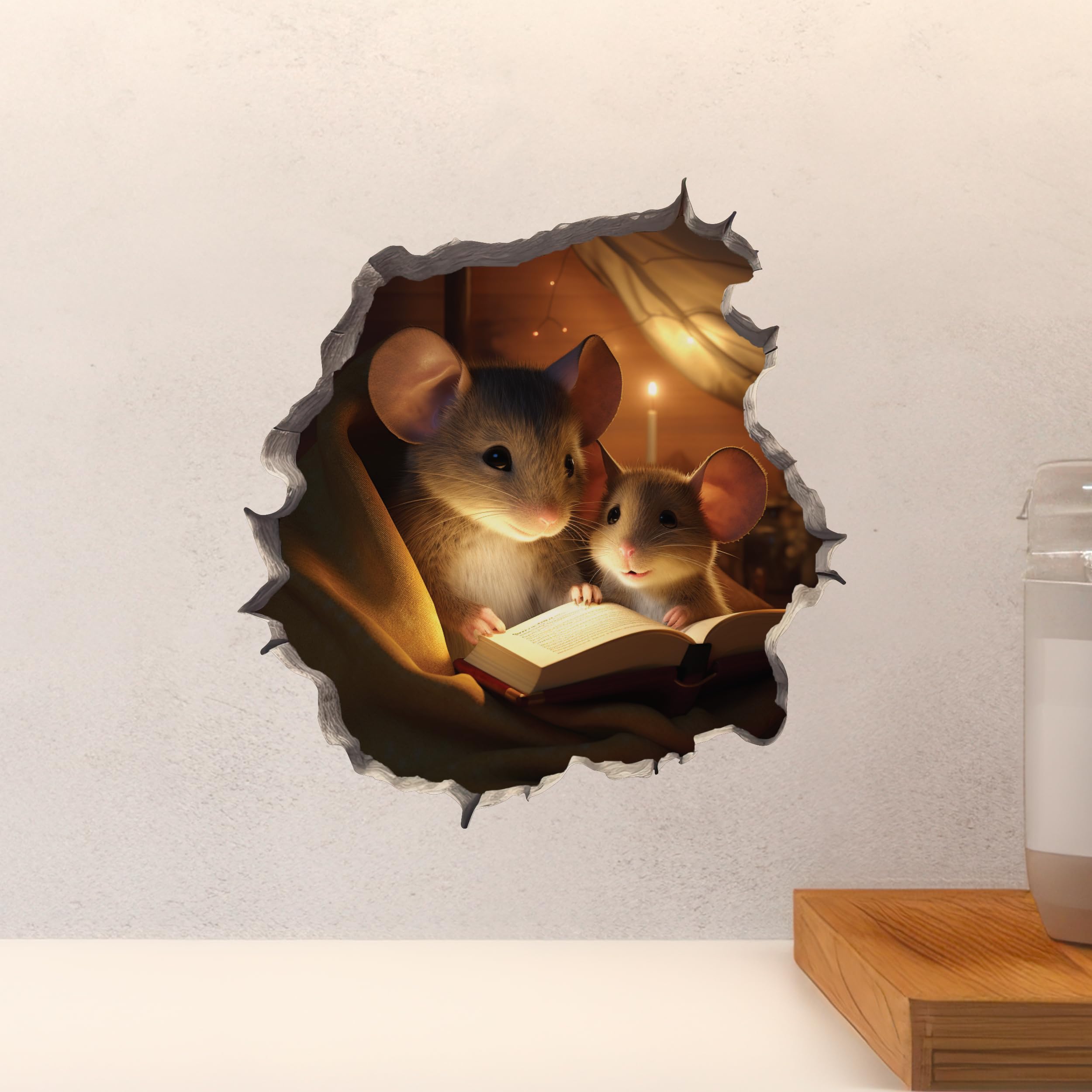 Parent and Child Mice Reading in Mouse Hole Decal - Mouse Hole 3D Wall Sticker