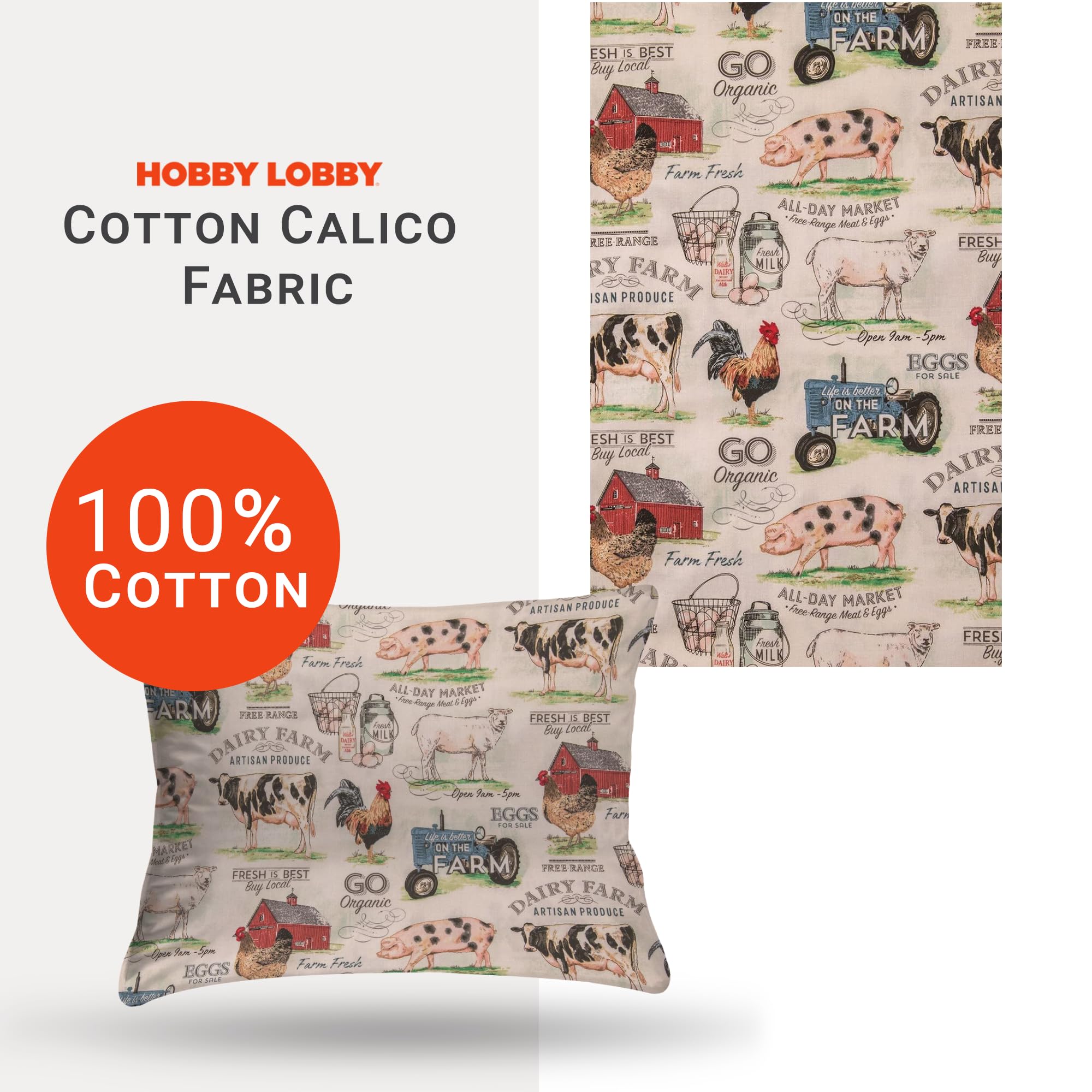 Hobby Lobby Dairy Farm Cotton Calico Fabric (2 Yard) – Printed Sewing Fabric by The Yard – Lightweight Precut Fabric for Sewing Clothes, Homeware, & Other Accessories – DIY Craft Fabric