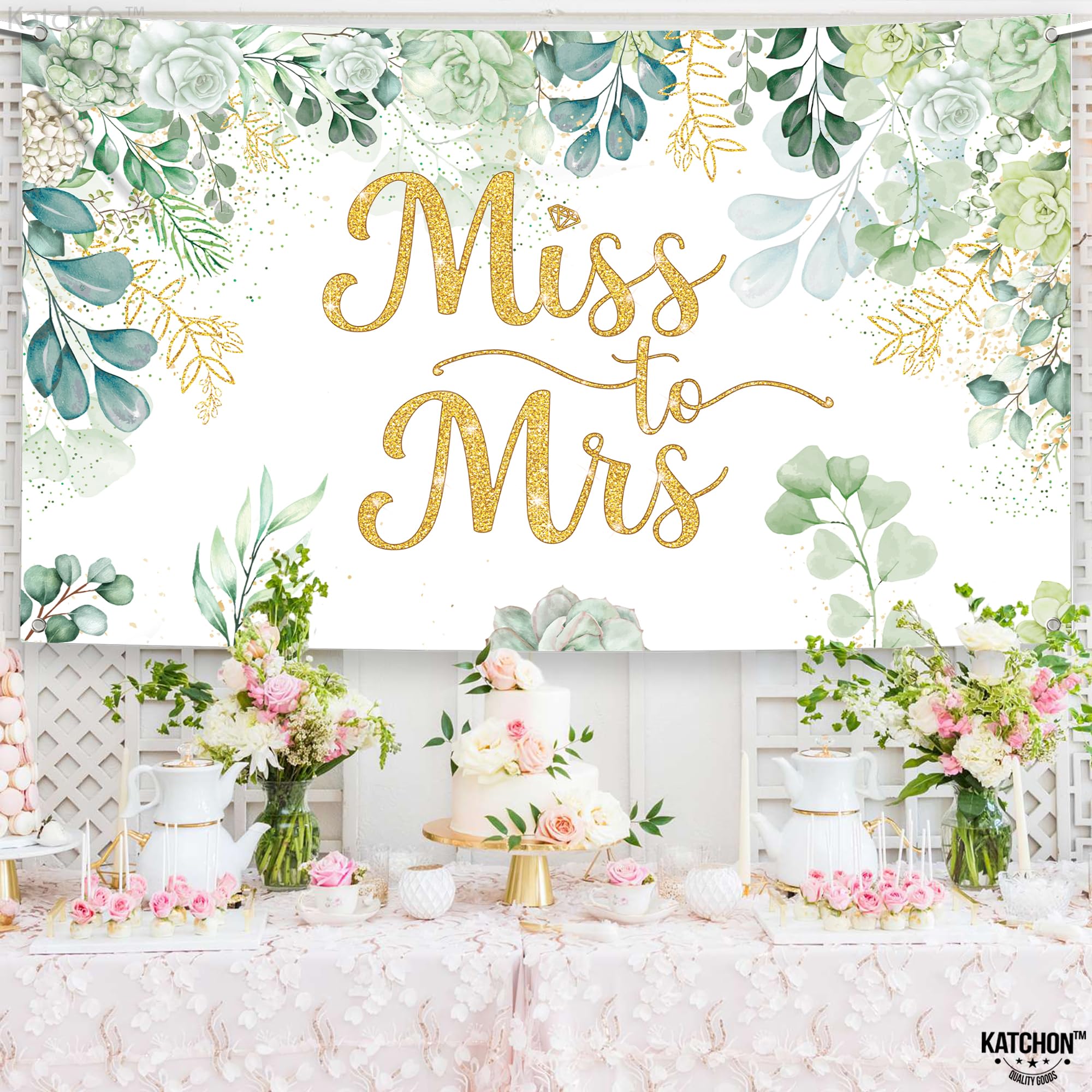 KatchOn, Green Miss to Mrs Banner - XtraLarge, 72x44 Inch | Miss to Mrs Backdrop for Green and Gold Bridal Shower Decorations | Bridal Shower Backdrop, Bachelorette Party Decorations, Miss to Mrs Sign