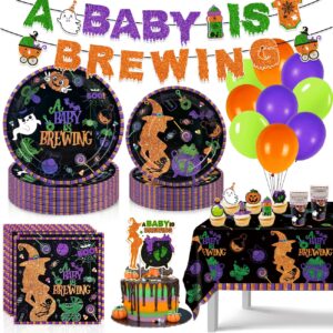 halloween baby shower decorations halloween a baby is brewing plates napkins cups tablecloth banner balloons for halloween baby shower gender reveal party