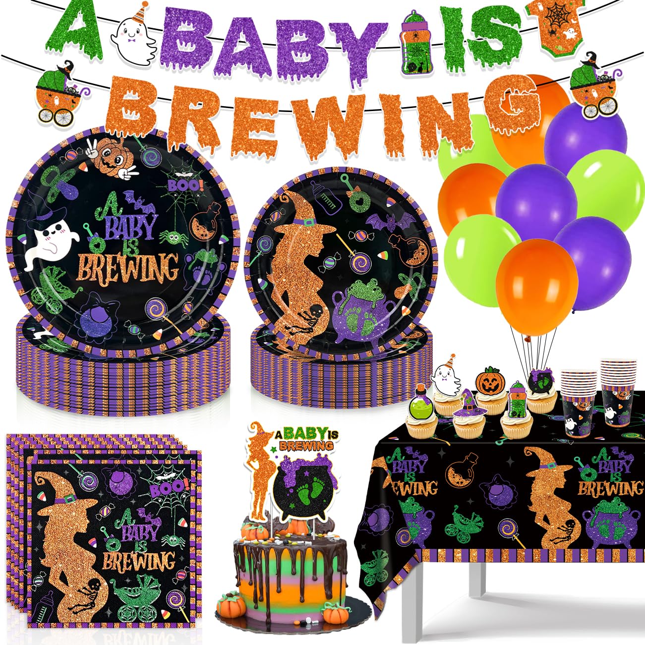 Halloween Baby Shower Decorations Halloween A Baby is Brewing Plates Napkins Cups Tablecloth Banner Balloons for Halloween Baby Shower Gender Reveal Party