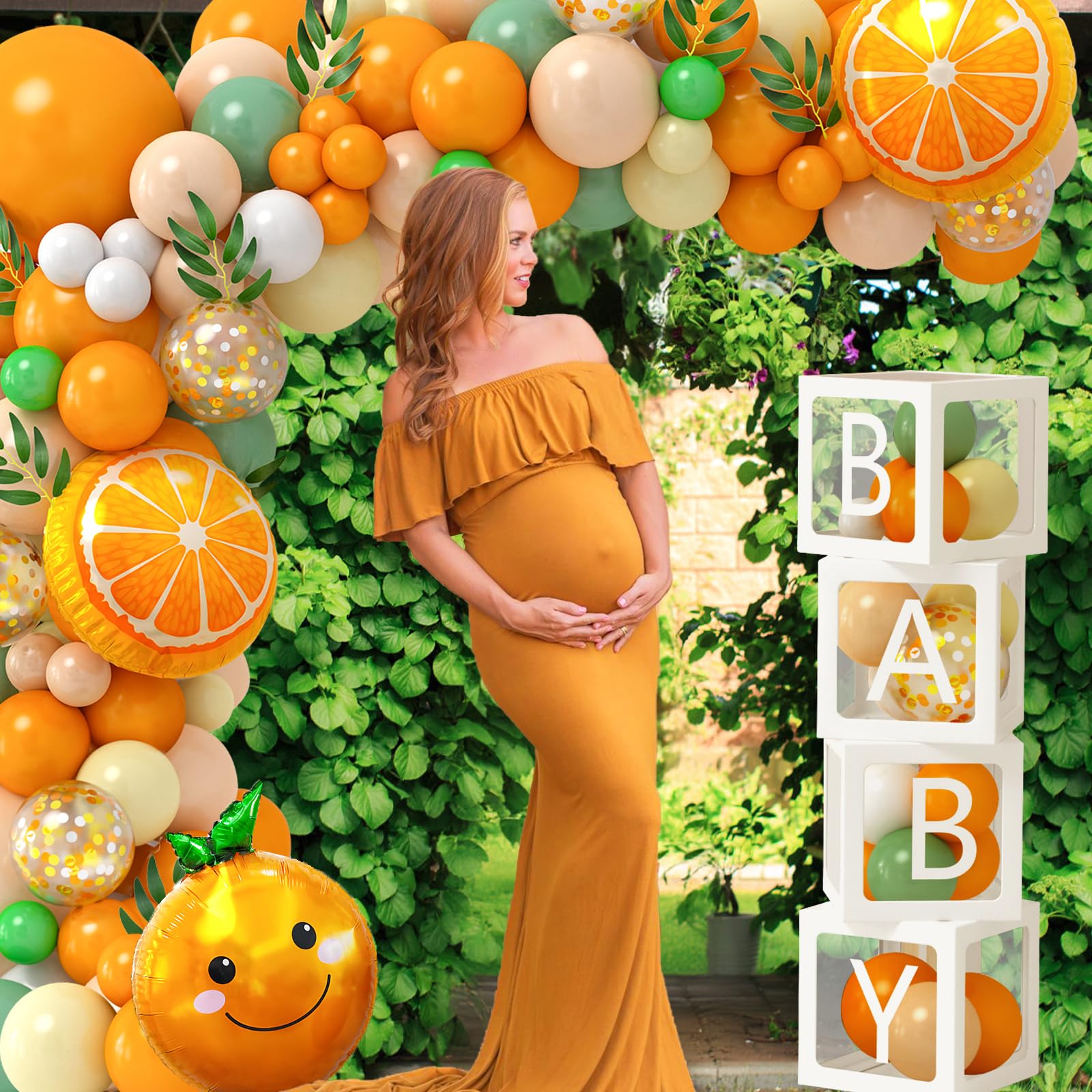 Winrayk Little Cutie Baby Shower Decorations Boy Girl, Baby Boxes with Letters Orange Balloon Arch A Little Cutie is On The Way Backdrop Tablecloth Foil Balloon Gender Reveal Baby Shower Decor Neutral