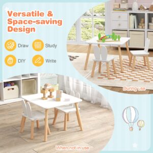 HONEY JOY Kids Table and Chair Set, Children Wooden Activity Table & 2 Chairs Set, Solid Wood Legs, Easy Assembly, 3 Piece Rabbit Themed Toddler Furniture Set for Art Craft (White)