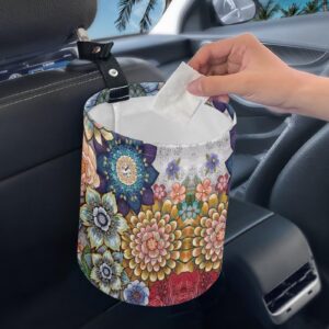 Panskyllis Boho Flowers Car Trash Can Waterproof Auto Vehicle Garbage Organizer Bag Hanging Car Waste Basket Holder for Front Seat Back, Seat, Floor, Headrest