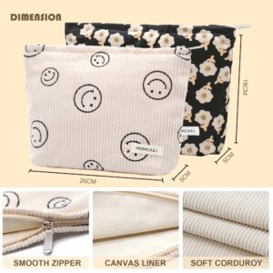 MOMOJULI Corduroy Makeup Bag Cosmestic Bag Large Capacity Ladies Women Aesthetic Make Up Organizer Accessories Zipper Pouch Purse （Beige+Black Flowers）