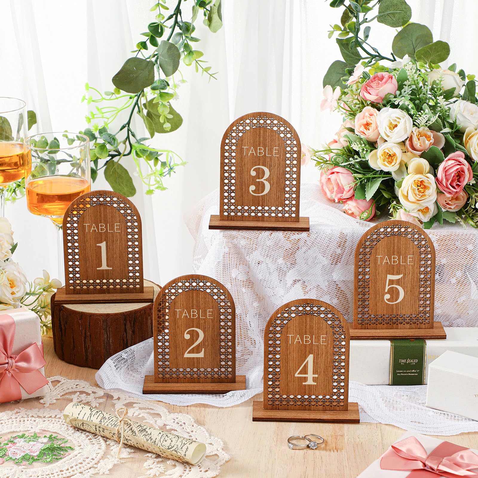 Soaoo 20 Pcs Wooden Table Numbers 1-20 Rattan Arch Wedding Table Numbers with Wooden Base Wooden Wedding Sign for Table Banquet Restaurant Wedding Party Decor