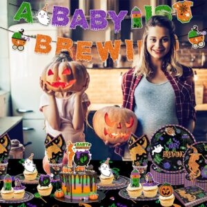 Halloween Baby Shower Decorations Halloween A Baby is Brewing Plates Napkins Cups Tablecloth Banner Balloons for Halloween Baby Shower Gender Reveal Party