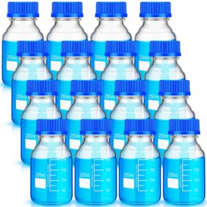 chuarry 16 pieces media storage bottles borosilicate storage glass bottle scientific round graduated media bottle with blue gl45 screw cap for lab water reagent liquids (250 ml)