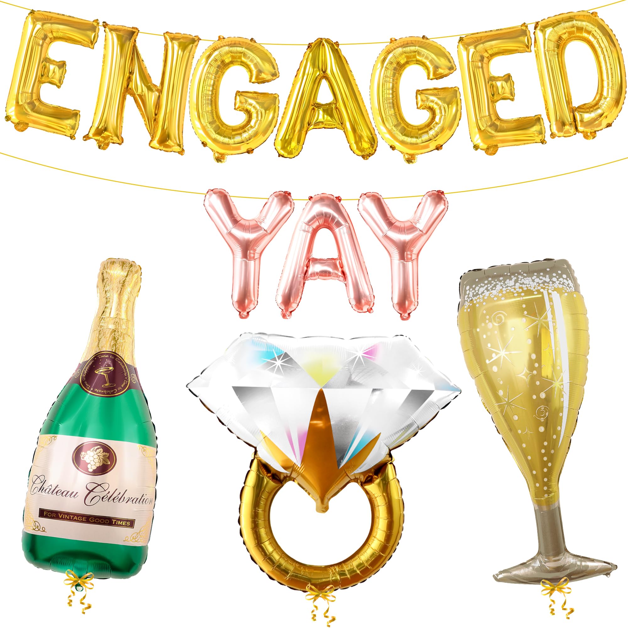 KatchOn, Yay Engaged Balloons Set - 37 Inch, Pack of 13 | Engagement Balloons, Engagement Party Decorations | Champagne Balloon, Engagement Decorations | Ring Balloons, Bachelorette Party Decorations