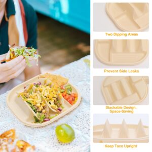 LUVCOSY 50 Pcs Small Disposable Taco Plates for Party, Cornstarch Taco Holders with 2 Dipping Areas, Hold for 2 Tacos, Square Fiesta Taco Trays for Taco Night, Microwave Safe