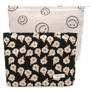 momojuli corduroy makeup bag cosmestic bag large capacity ladies women aesthetic make up organizer accessories zipper pouch purse （beige+black flowers）