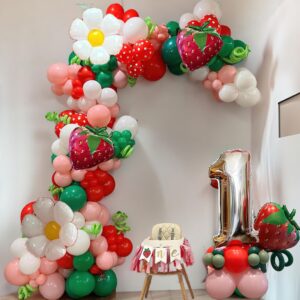 strawberry balloons arch kit red light pink green and white with daisy foil balloon for strawberry party decoration girls birthday berry sweet baby shower decorations