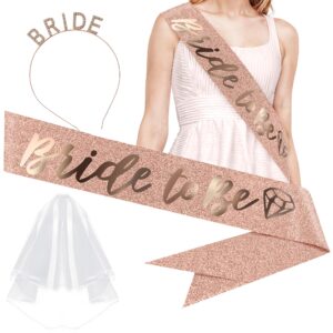 KatchOn, Rose Gold Bride to be Sash Set - Pack of 5 | Bachelorette Sash, Tiara, Veil for Bachelorette Party Decorations | Bachelorette Party Sashes | Bride Tribe Tattoos | Bridal Shower Decorations