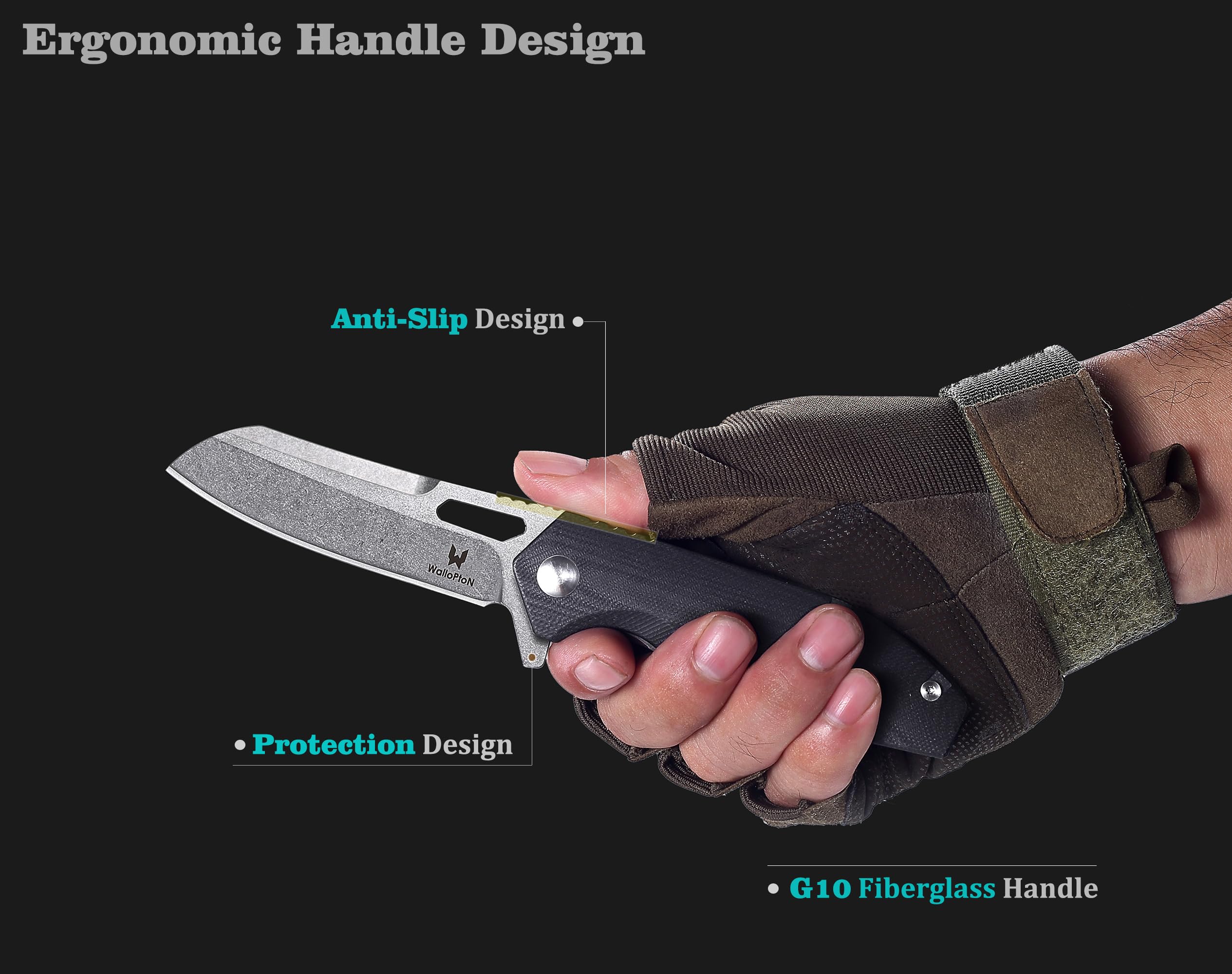 WALLOPTON Camping Folding Knife - S35VN Powder Steel G10 Handle Comfortable Grip - Great for Cutting Hunting Hiking Survival, Father’s Day Gifts for Men Husband Dad. Include Sheath & Screwdriver