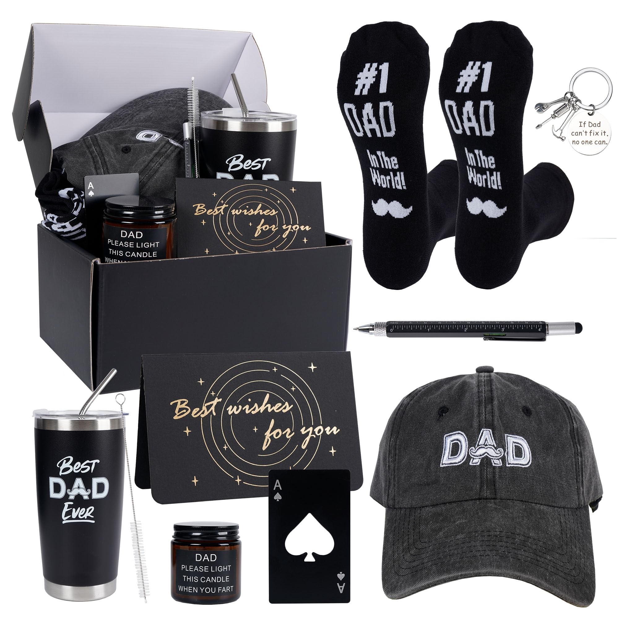 Kolewo4ever 9 Pieces Dad Gift Set Best Dad Gifts Christmas Gifts For Dad, Men with Tumbler Mens Socks Mens Baseball Cap Dad Key Chain Card for Men Father Papa Gifts from Son Daughter Kids