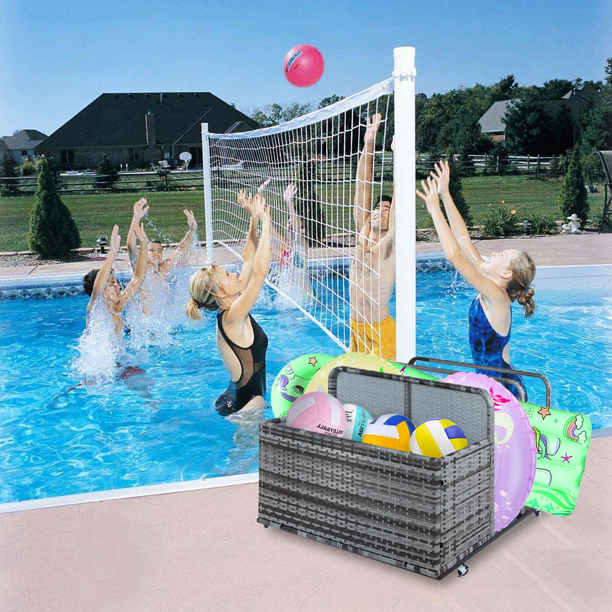 GAOMON Double Layer Poolside Float Storage,Outdoor Storage,Patio PE Rattan Outdoor Pool Caddy with Rolling Wheels for Floaties,Storage Basket,Poolside Float Storage,Beach-Sturdy & Movable,Grey