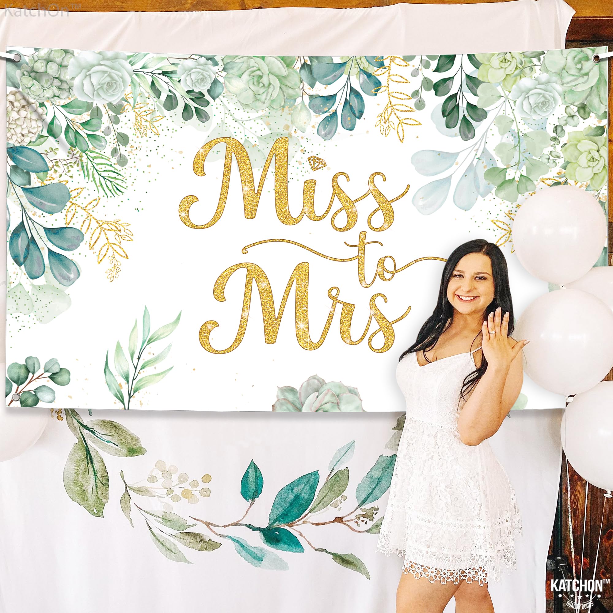 KatchOn, Green Miss to Mrs Banner - XtraLarge, 72x44 Inch | Miss to Mrs Backdrop for Green and Gold Bridal Shower Decorations | Bridal Shower Backdrop, Bachelorette Party Decorations, Miss to Mrs Sign