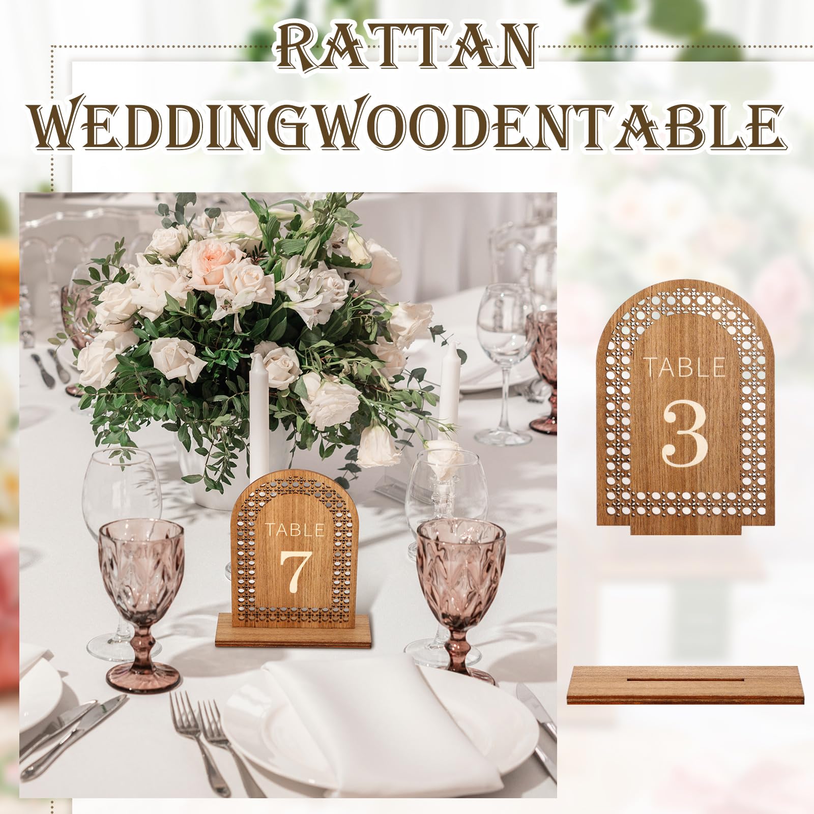 Soaoo 20 Pcs Wooden Table Numbers 1-20 Rattan Arch Wedding Table Numbers with Wooden Base Wooden Wedding Sign for Table Banquet Restaurant Wedding Party Decor