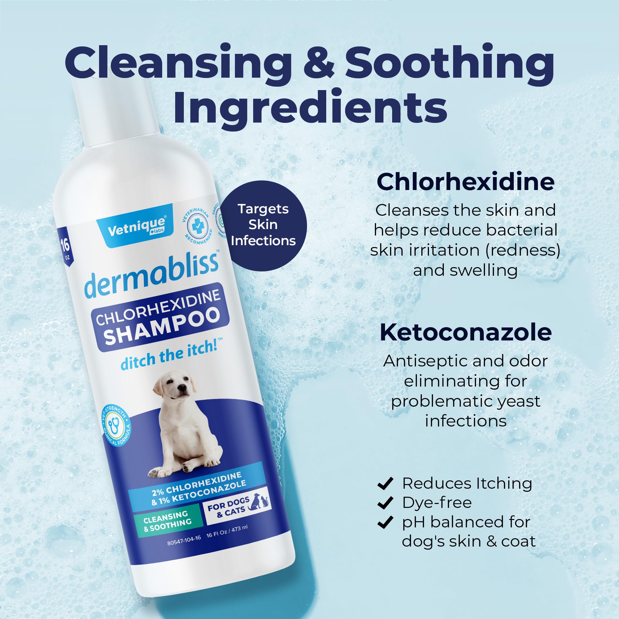 Vetnique Dermabliss Chlorhexidine for Dogs Skin Health - Antibacterial Medicated Dog Shampoo - for Skin Infections & Irritation, Hot Spots & Redness Relief (Medicated Shampoo, 16oz)