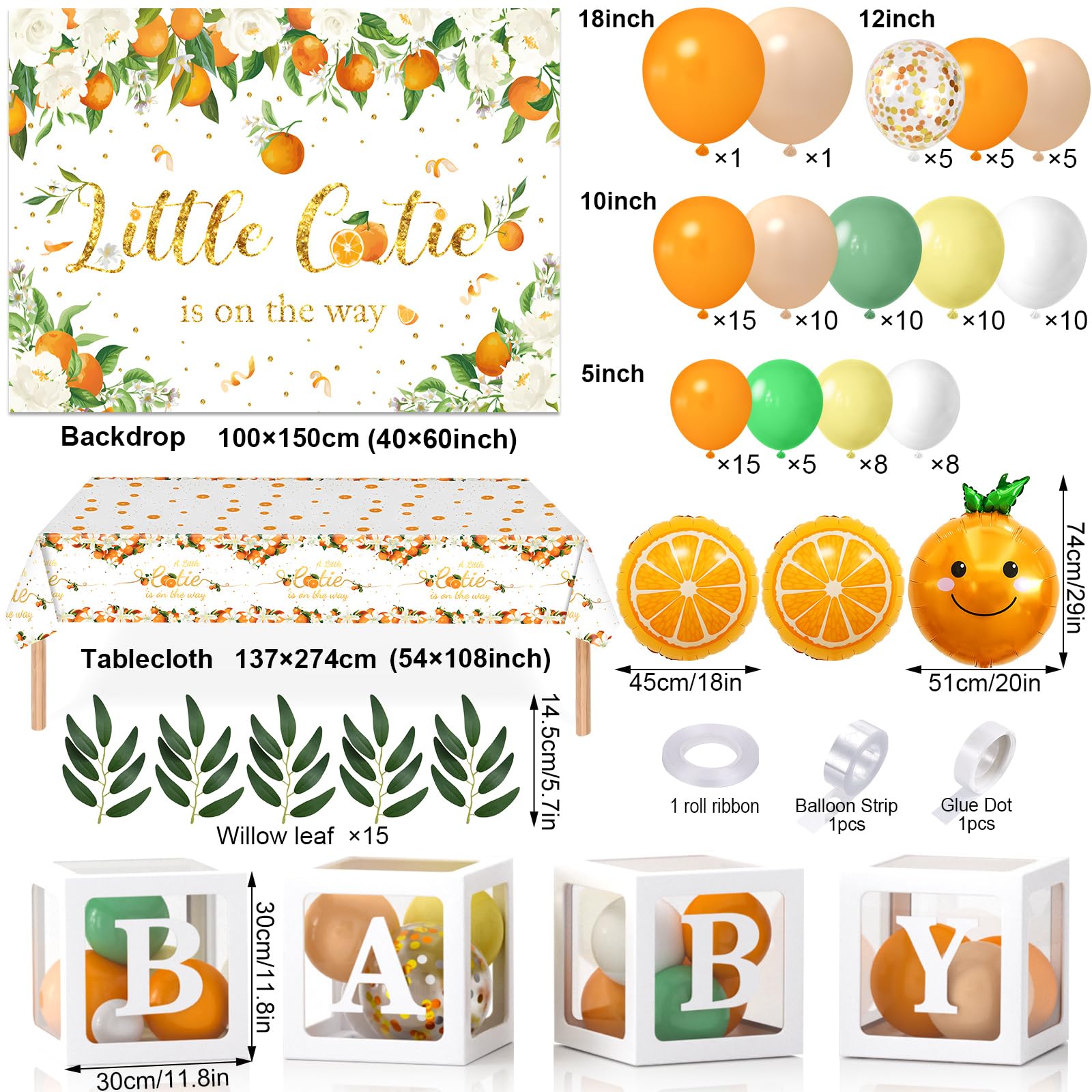 Winrayk Little Cutie Baby Shower Decorations Boy Girl, Baby Boxes with Letters Orange Balloon Arch A Little Cutie is On The Way Backdrop Tablecloth Foil Balloon Gender Reveal Baby Shower Decor Neutral