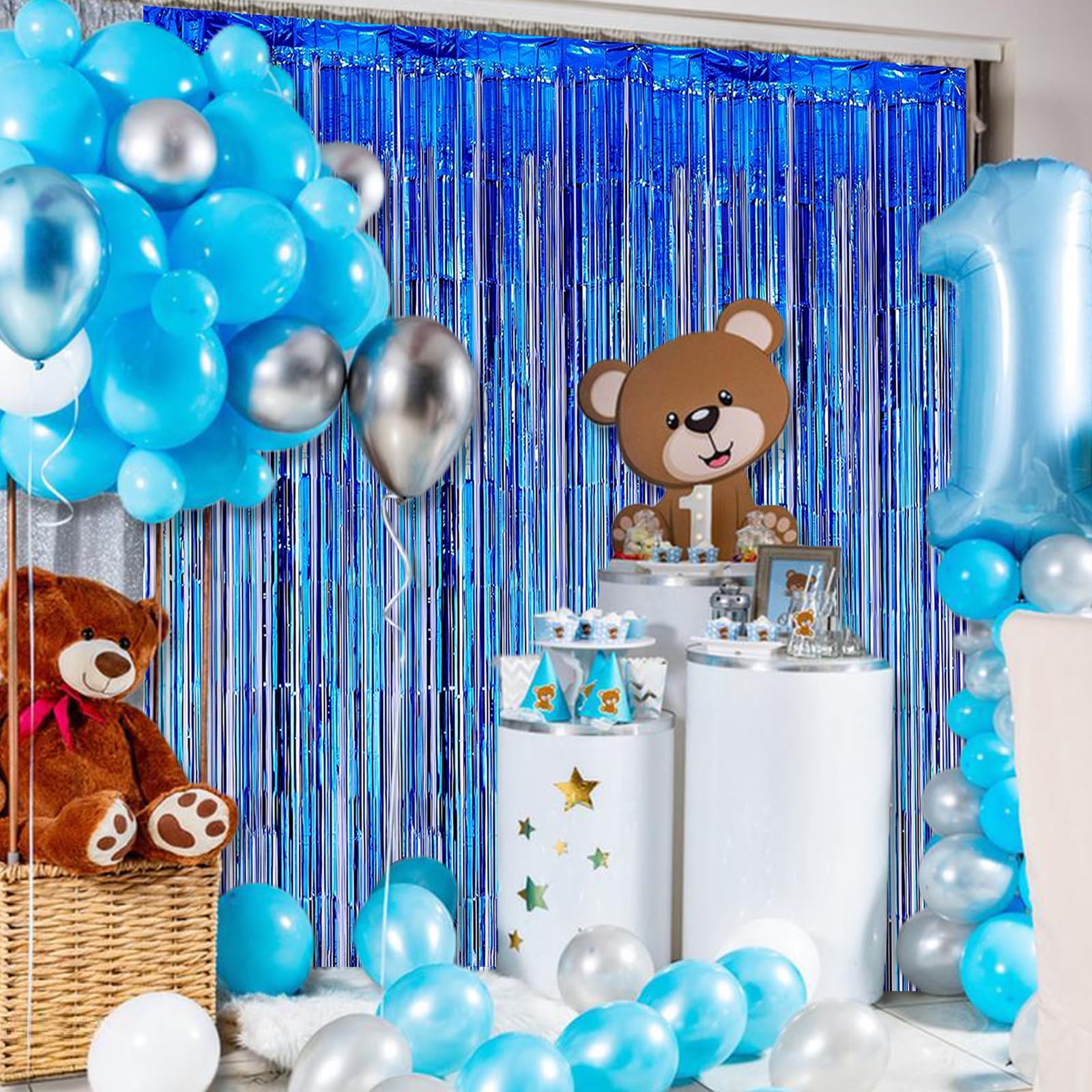 AIBIIN 2pcs 3.3ftx6.6ft Foil Curtain Backdrop Blue Metallic Tinsel Foil Fringe Curtains Little Prince Birthday Party Wedding Baby Shower Bachelorette Graduation 4th of july Decoration Photo Booth Prop