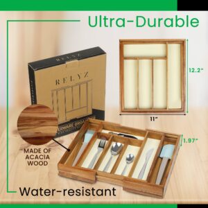 RELYZ Premium Acacia Expandable Drawer Organizer - Superior Tray with Groove Dividers for Cutlery (7 Slots, Natural)