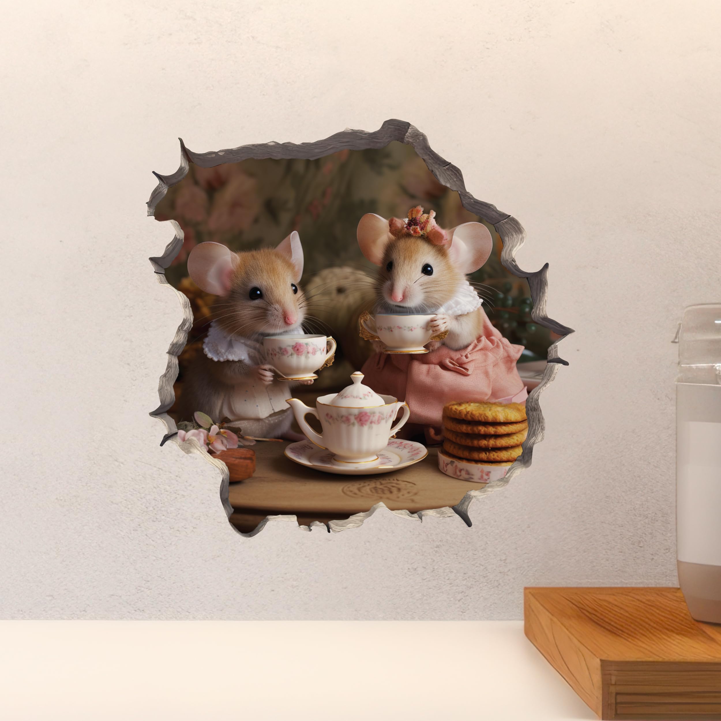 Tea Time Mice Mouse Hole Wall Decal with 3D Effect – Whimsical Removable Vinyl Sticker for Kids' Rooms & Home Decor