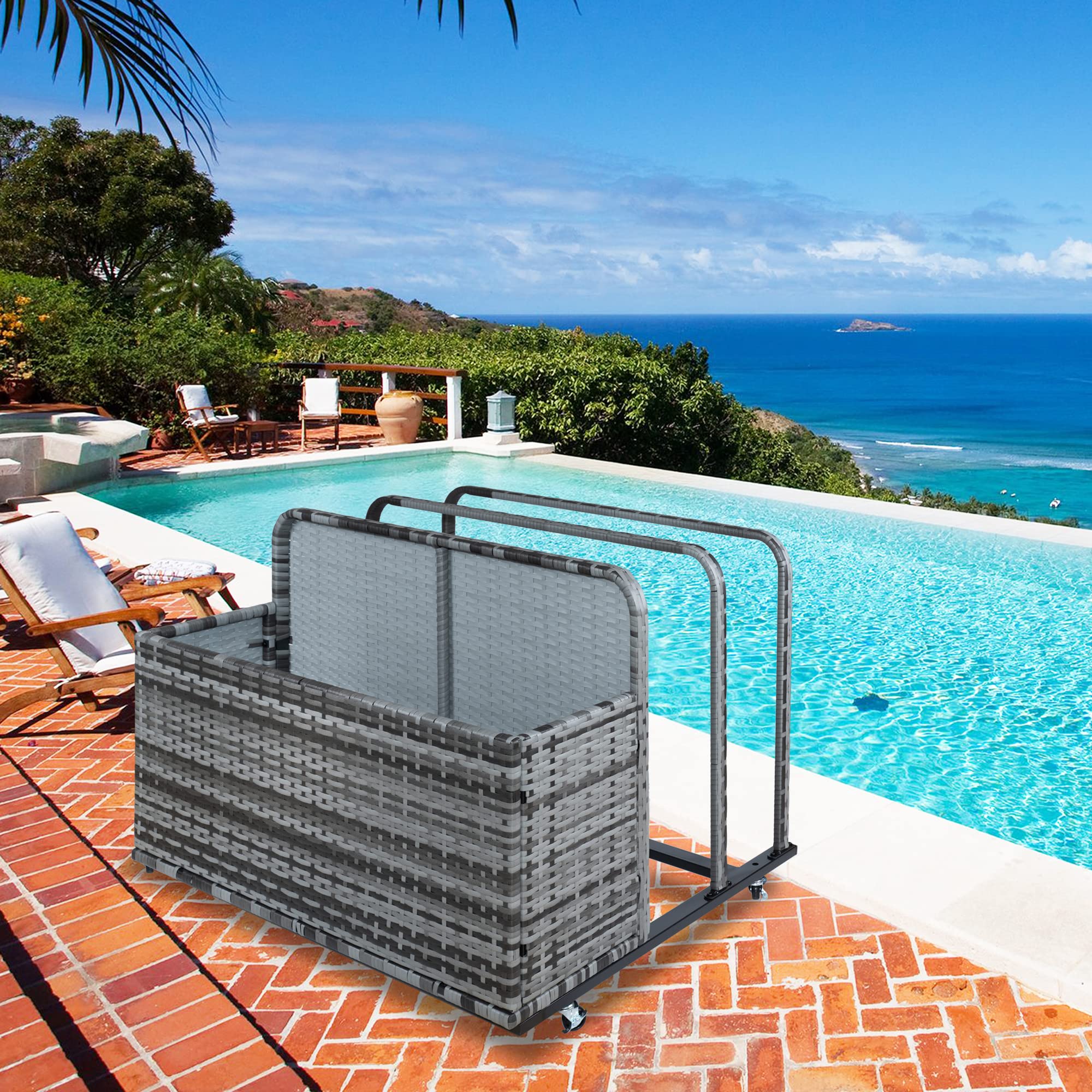 GAOMON Double Layer Poolside Float Storage,Outdoor Storage,Patio PE Rattan Outdoor Pool Caddy with Rolling Wheels for Floaties,Storage Basket,Poolside Float Storage,Beach-Sturdy & Movable,Grey