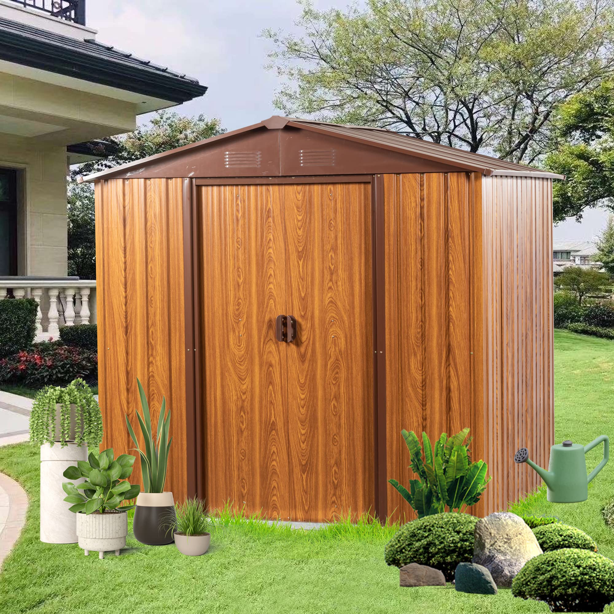 RITSU 6ft x 6ft Outdoor Metal Storage Shed with Metal Floor Base,Metal Storage Cabinet with Sliding Doors, Large Garden Shed Outdoor Utility Tool Shed with Pent Roof for Backyard Lawn, Coffee