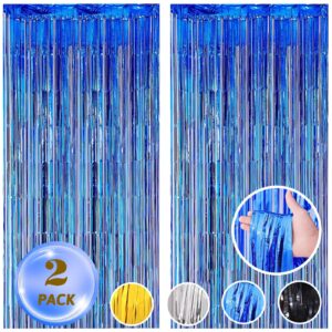 aibiin 2pcs 3.3ftx6.6ft foil curtain backdrop blue metallic tinsel foil fringe curtains little prince birthday party wedding baby shower bachelorette graduation 4th of july decoration photo booth prop