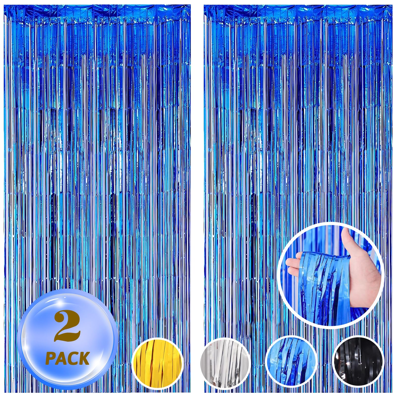 AIBIIN 2pcs 3.3ftx6.6ft Foil Curtain Backdrop Blue Metallic Tinsel Foil Fringe Curtains Little Prince Birthday Party Wedding Baby Shower Bachelorette Graduation 4th of july Decoration Photo Booth Prop