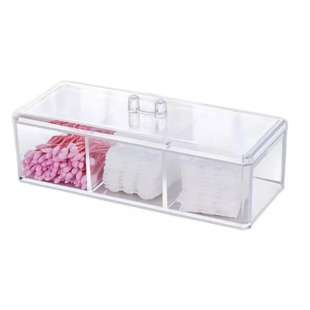 JRIQH 3 Grids Qtip Hold Dispenser.Qtip Organizers and Storage with Lid for Bathroom Vanity Countertop for Cotton Swabs,Cotton Rounds,Lipstick,Hairpin,Cosmetics (3 Grid transparent)