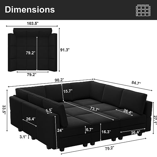 Belffin Modular Sectional Sofa with Ottomans Velvet Reversible Sleeper Chaise Bed Storage Seat Black