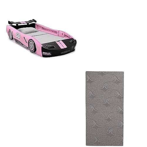 Delta Children Turbo Race Car Twin Bed, Pink Snooze 6 inch Memory Foam Twin Mattress (Bundle)