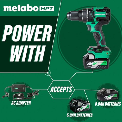 Metabo HPT 36V MultiVolt Cordless ½-Inch Hammer Drill Kit 1,400 in-lbs. Max Torque Reactive Force Control Optional AC Adapter DV36DC