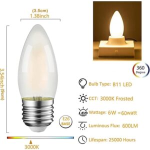 Jacqings E26 Candelabra Light Bulbs Frosted Glass Chandelier Light Bulbs 60watt Equivalent 3000K Warm White B11 Torpedo Tip Dimmable 6W LED Decorative Candle Light Bulbs (8)