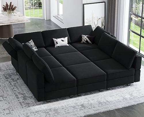 Belffin Modular Sectional Sofa with Ottomans Velvet Reversible Sleeper Chaise Bed Storage Seat Black